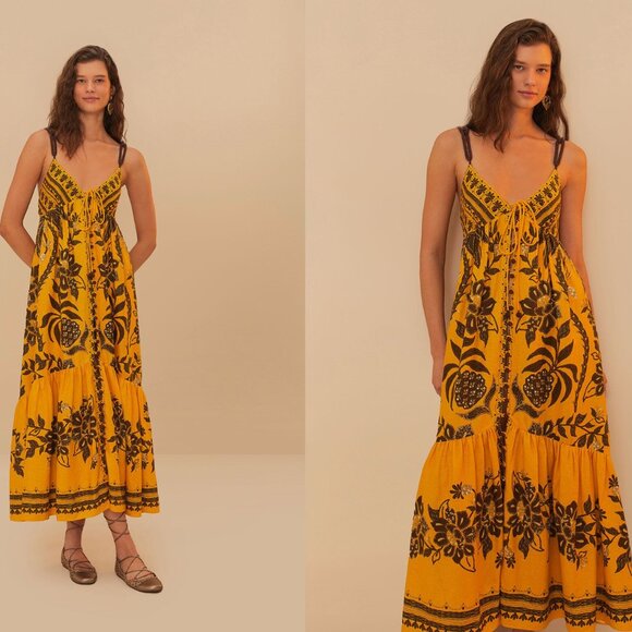NWT Farm Rio Gold Cotton Maxi Dress with Beaded Straps -  threedaughtersproperties.com